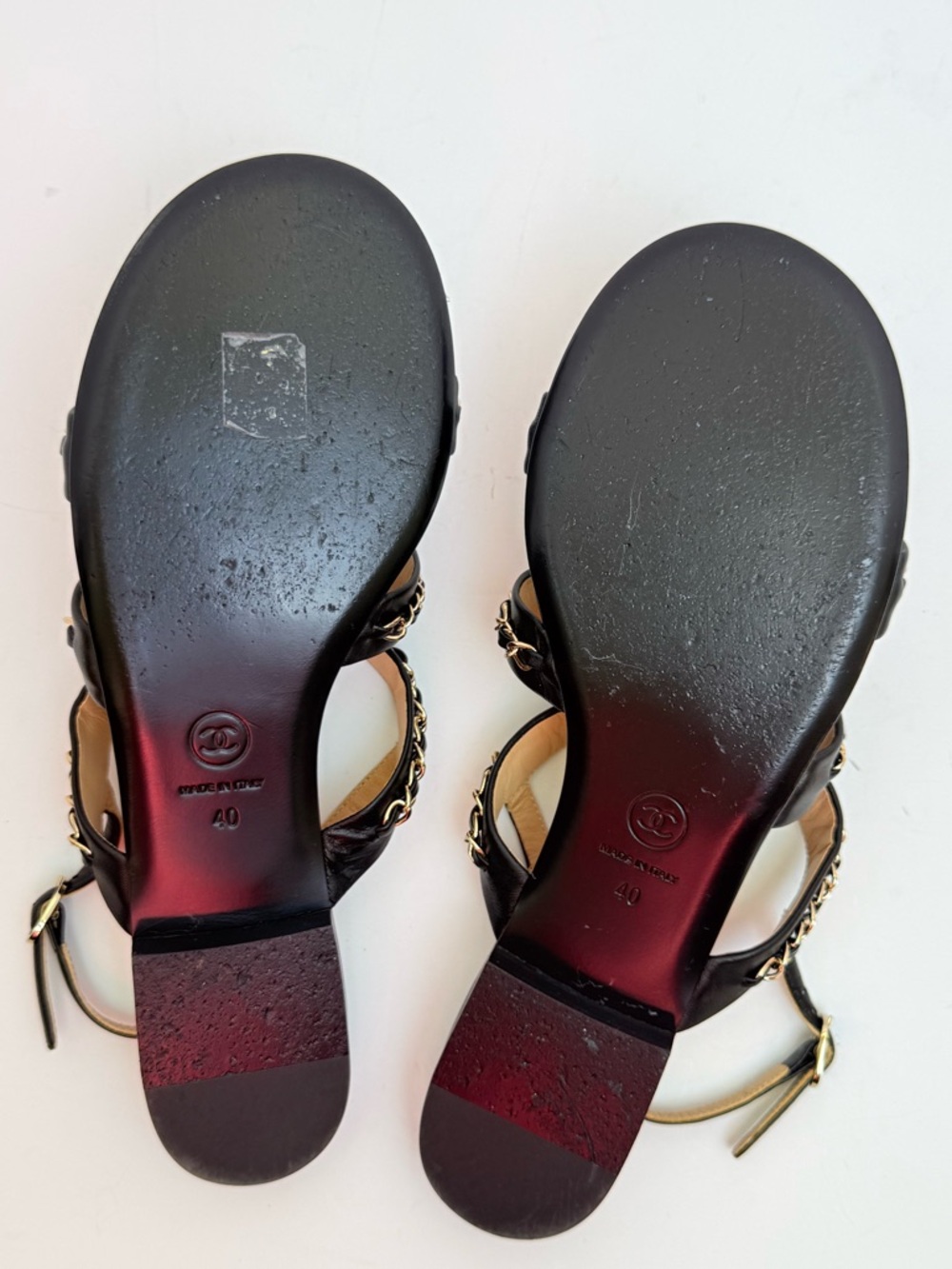 Chanel 22 Logo Chain Strap Lambskin Sandals Black Gold CC EU 40 US 10 - Picture 6 of 10
